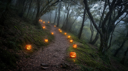 A mysterious forest path illuminated by carved pumpkins, creating a spooky atmosphere. Perfect for Halloween-themed projects or autumn celebrations.の素材