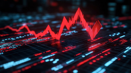 Dynamic illustration of a financial chart showing a red trend line indicating a decline. Ideal for topics related to finance, analytics, and market analysis.の素材