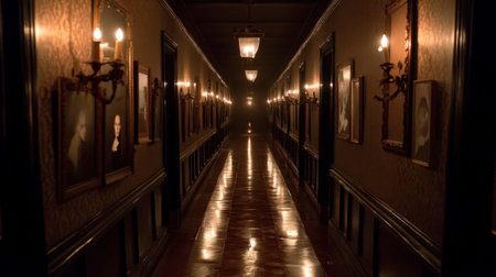 A dimly lit hallway featuring vintage portraits and soft lighting creates an eerie atmosphere. The reflection on the polished floor adds to the mystery.の素材