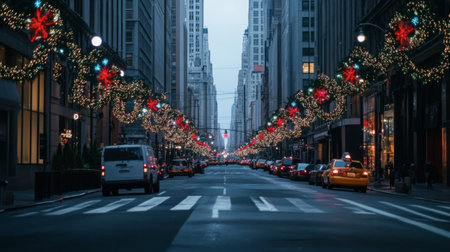 A picturesque street adorned with vibrant holiday decorations, illuminated by colorful lights, creates a charming winter atmosphere in the city at dusk.の素材