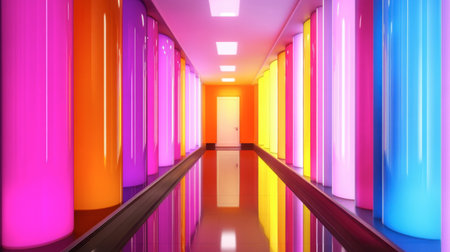 A modern corridor featuring vibrant, glowing pillars in shades of pink, orange, yellow, and purple, creating an artistic and colorful atmosphere.の素材