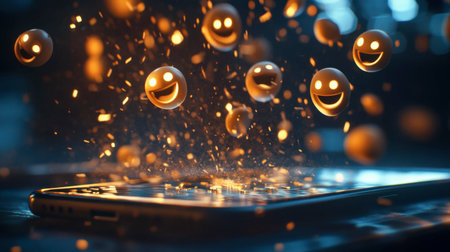 A captivating image of joyful emojis emerging from a smartphone, symbolizing the joyous connection technology brings to our lives with vibrant energy and creativity.の素材