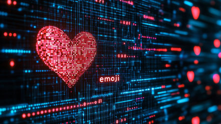 A vibrant digital heart emoji on a futuristic background, symbolizing love and connection in the modern technological world. Perfect for creative projects.の素材