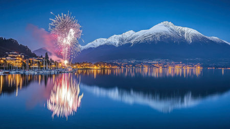 Capture a breathtaking scene of fireworks illuminating the night sky above a snowy mountain. The serene lake reflects the vibrant colors, creating a stunning visual.の素材