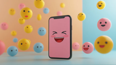 A cheerful smartphone with bright emojis floating around, representing fun and happiness. Perfect for illustrating digital communication and modern technology trends.の素材