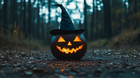 A charming Halloween pumpkin wearing a witch hat glows warmly in a serene forest. This spooky decoration embodies the spirit of autumn festivities.の素材