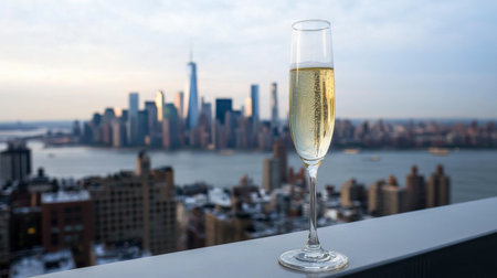 A glass of sparkling champagne contrasts beautifully with a stunning city skyline, capturing a perfect moment of celebration and relaxation on a rooftop.の素材