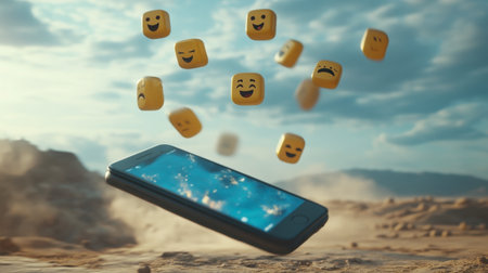 A striking smartphone surrounded by floating emotional icons in a picturesque natural setting. This image represents the connection between technology and feelings.の素材