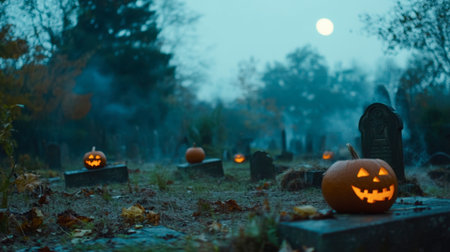 A haunting scene of a foggy graveyard illuminated by spooky carved pumpkins. The bright moon casts an eerie glow, enhancing the Halloween spirit.の素材