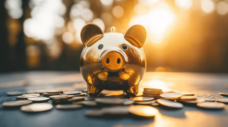 A golden piggy bank stands proudly among scattered coins, illuminated by the warm glow of sunset, symbolizing savings, investment, and financial success.の素材