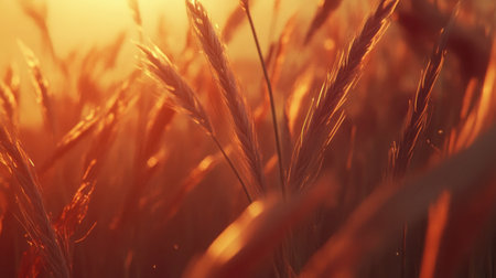 This stunning close-up image captures wheat stalks bathed in warm golden light during sunset, creating a serene and tranquil atmosphere perfect for nature themes.の素材
