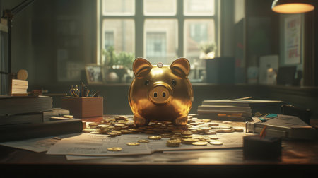 A golden piggy bank sits amidst scattered coins and paperwork on a desk, symbolizing finance, savings, and investment strategies in a modern workspace.の素材