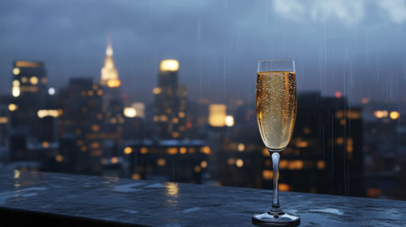 A glass of sparkling beverage stands elegantly against a nighttime cityscape, with raindrops adding a romantic touch to the urban atmosphere.の素材