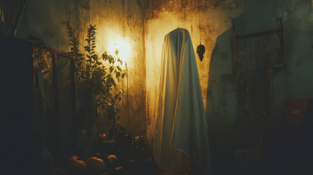 A ghostly figure shrouded in cloth stands in a dimly lit room, creating an eerie and haunting atmosphere. Ideal for Halloween or mystery-themed projects.の素材