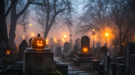 A charming Halloween scene featuring a glowing pumpkin in a foggy graveyard, surrounded by eerie gravestones and soft, ambient lights creating a spooky atmosphere.の素材