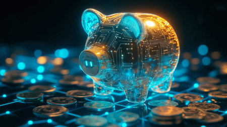 A futuristic digital piggy bank sits on a network of coins, symbolizing the convergence of technology and finance, perfect for investment and savings concepts.の素材