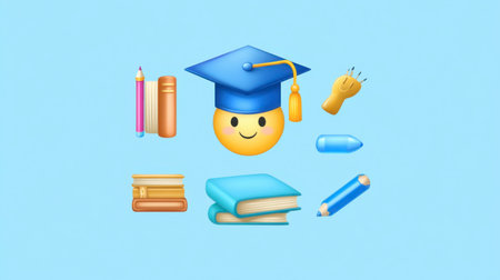 A vibrant illustration featuring education-themed icons and symbols, including books, a pencil, and a graduation cap, ideal for academic and learning concepts.の素材
