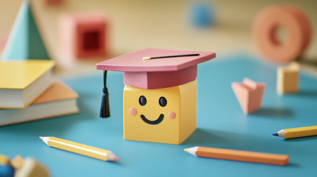 A cheerful graduate block wearing a cap sits on a vibrant desk, surrounded by colorful stationery. Perfect for education, celebrations, and creativity themes.の素材