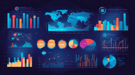 Colorful data visualization infographic featuring charts, graphs, and maps. Perfect for presentations on analytics, statistics, and business insights.の素材