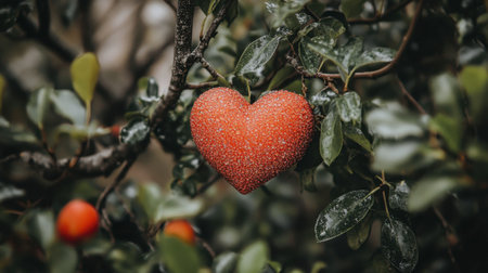 A vibrant red heart ornament draped on a green tree branch, showcasing droplets of water. This charming image conveys feelings of love, nature, and seasonal joy.の素材