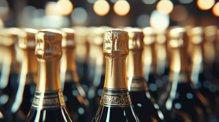 A close-up view of elegant bottles of sparkling wine, beautifully arranged for a celebration. Perfect for themes of luxury, event planning, and gatherings.の素材