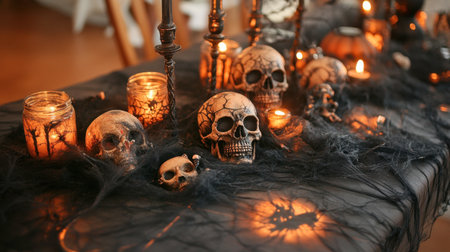 Capture the essence of Halloween with this spooky table decor featuring skulls, candles, and eerie ambiance. Ideal for festive celebrations or themed parties.の素材