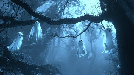 Enigmatic ghosts hang from tree branches in a misty forest, creating a haunting yet whimsical scene. The soft fog enhances the eerie atmosphere, inviting the imagination.の素材