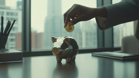 A hand placing a coin into a shiny piggy bank in a modern office illustrates the importance of saving money for future financial success and security.の素材