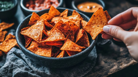A hand reaching for crispy tortilla chips in a rustic bowl, perfect for sharing. A delightful snack ideal for parties, gatherings, or casual meals.の素材