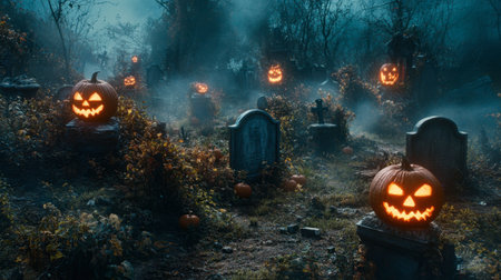 A haunting Halloween scene featuring glowing pumpkins in a foggy graveyard. Perfect for projects that evoke the spirit of the season.の素材