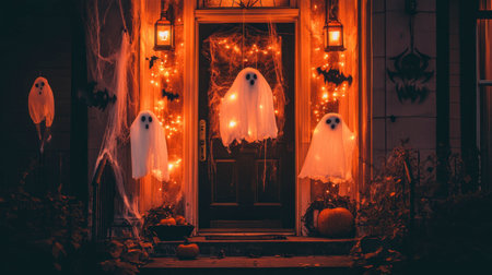 Capture the essence of Halloween with this spooky porch scene. Floating ghosts and glowing lights create an eerie yet festive atmosphere perfect for autumn celebrations.の素材