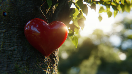 A vibrant red heart-shaped ornament attached to a tree, with sunlight filtering through the leaves, creating a warm and romantic atmosphere in nature.の素材