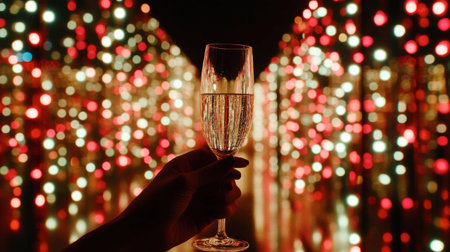 A hand holding a glass of sparkling drink against a vibrant, colorful bokeh background, perfect for celebrations and festive occasions.の素材