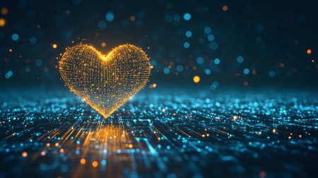 A glowing heart shape emerges from a digital landscape, surrounded by vibrant light patterns and sparkles, symbolizing love, connection, and creativity in a modern aesthetic.の素材