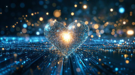 A captivating digital heart illuminated by glowing light effects, set against a vibrant abstract background, representing love and connection in a modern theme.の素材