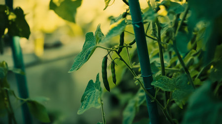 A close-up view of fresh green peas growing on the vine in a garden. The vibrant greenery captures the essence of healthy, organic farming and nature's bounty.の素材