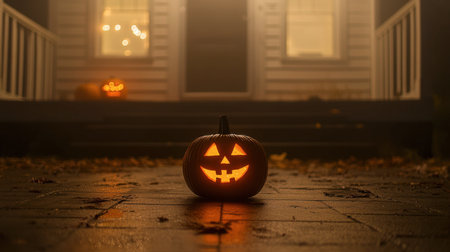 A glowing jack-o-lantern sits on a wet porch, surrounded by autumn leaves and mist, creating a cozy Halloween atmosphere for festivities.の素材