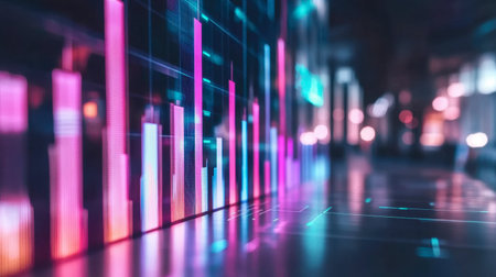 A vibrant digital data visualization featuring colorful bar graphs. This modern image represents technology, analysis, and business insights in a sleek, abstract design.の素材