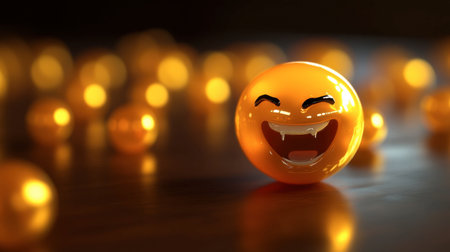 A vibrant orange emoji exudes joy with a big smile and gleaming eyes. The glowing background enhances the playful mood, perfect for cheerful themes.の素材