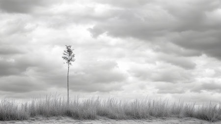 A solitary tree stands tall against a moody sky, surrounded by tall grass. This monochromatic landscape evokes feelings of solitude and tranquility in nature.の素材