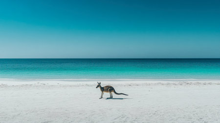 A lone kangaroo stands gracefully on a pristine beach, surrounded by turquoise waters and soft sands, creating a tranquil and picturesque scene.の素材