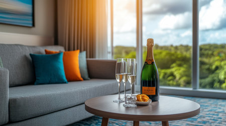 A stylish living room featuring champagne on a table, showcasing an inviting atmosphere. Ideal for celebration, relaxation, and modern lifestyle inspiration.の素材