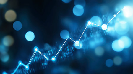 This abstract image features a blue growth chart with connecting lines and points, symbolizing financial success and data analysis in a digital context.の素材