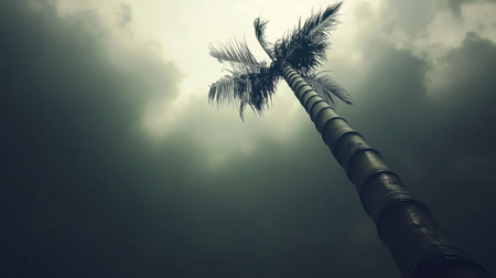 A lone palm tree stretches skyward against a moody sky filled with clouds. This dramatic scene captures the beauty and solitude of nature in a tropical setting.の素材