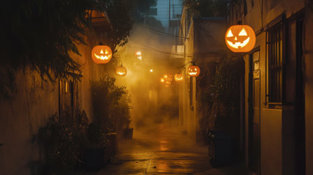 An enchanting Halloween scene featuring glowing jack-o'-lanterns lining a foggy alley at night. Perfect for capturing the essence of autumn festivities.の素材