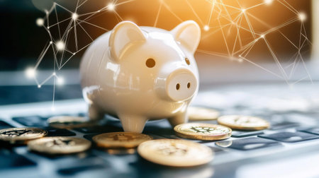 A piggy bank sits on a calculator surrounded by coins, representing savings and investment in a digital finance environment, highlighting growth and strategy.の素材
