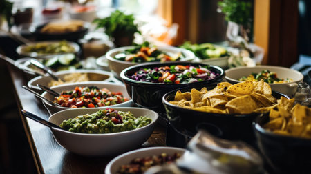 A vibrant and colorful buffet featuring an assortment of fresh dishes and toppings, perfect for gatherings or parties, celebrating healthy eating and culinary creativity.の素材