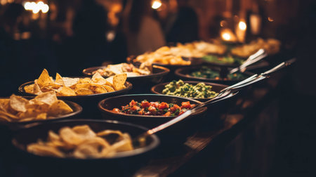A vibrant selection of dips and snacks displayed on a buffet table, perfect for parties and gatherings. The colorful assortment invites enjoyment and sharing.の素材