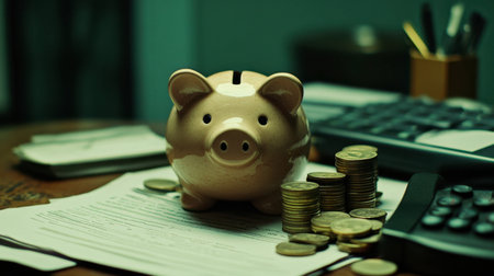A piggy bank sits among coins and financial documents, symbolizing savings and investment. It highlights the importance of budgeting and financial planning.の素材