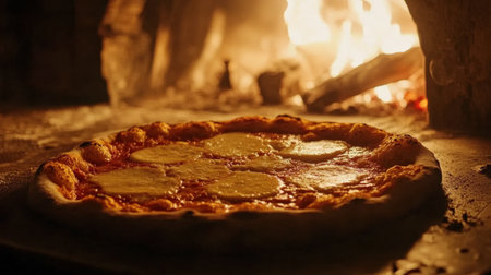 A freshly baked pizza with melted cheese sits in a rustic oven, surrounded by warm flames, showcasing the art of traditional Italian cooking.の素材